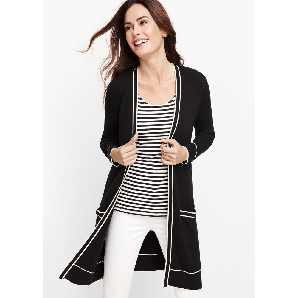 Talbots Women's Black‎ Long Sweater Duster Open Front Pockets Size Small